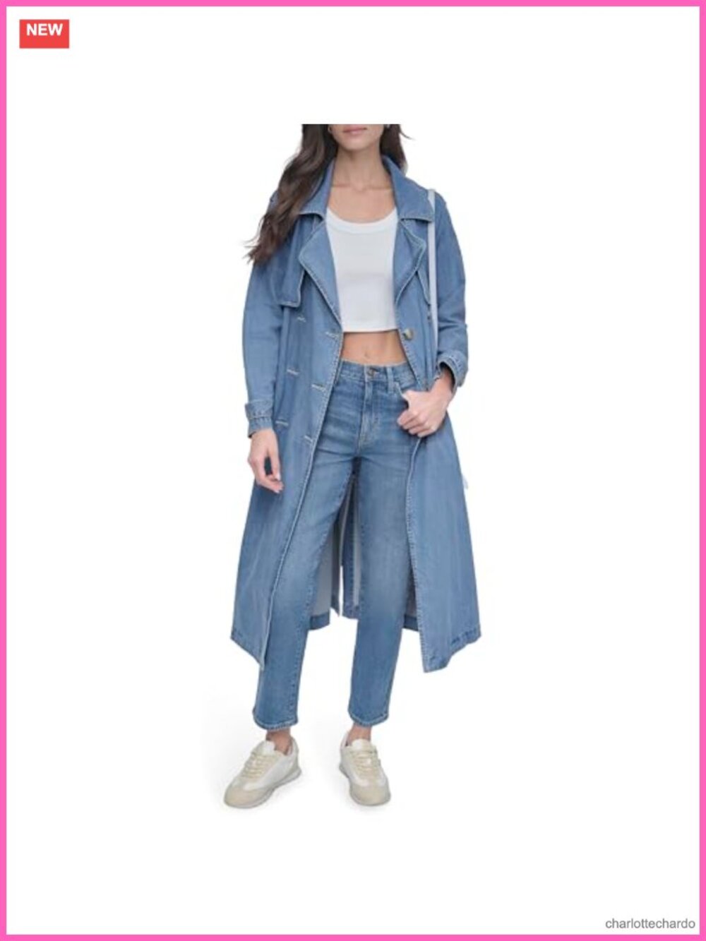 Women's Cotton Denim Trench Coat Long Sleeve Button Closure